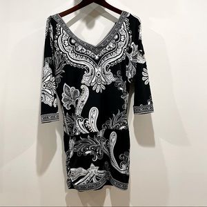 EUC WHBM White House Black Market Paisley Black V Neck Drop Waist Mini  Dress